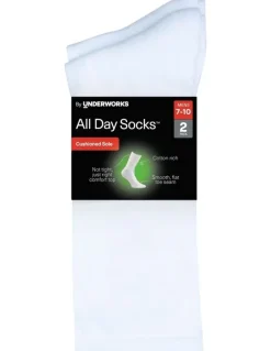 All Day SocksTM Mens Plain Cushioned Cotton Crew 2 Pack in White