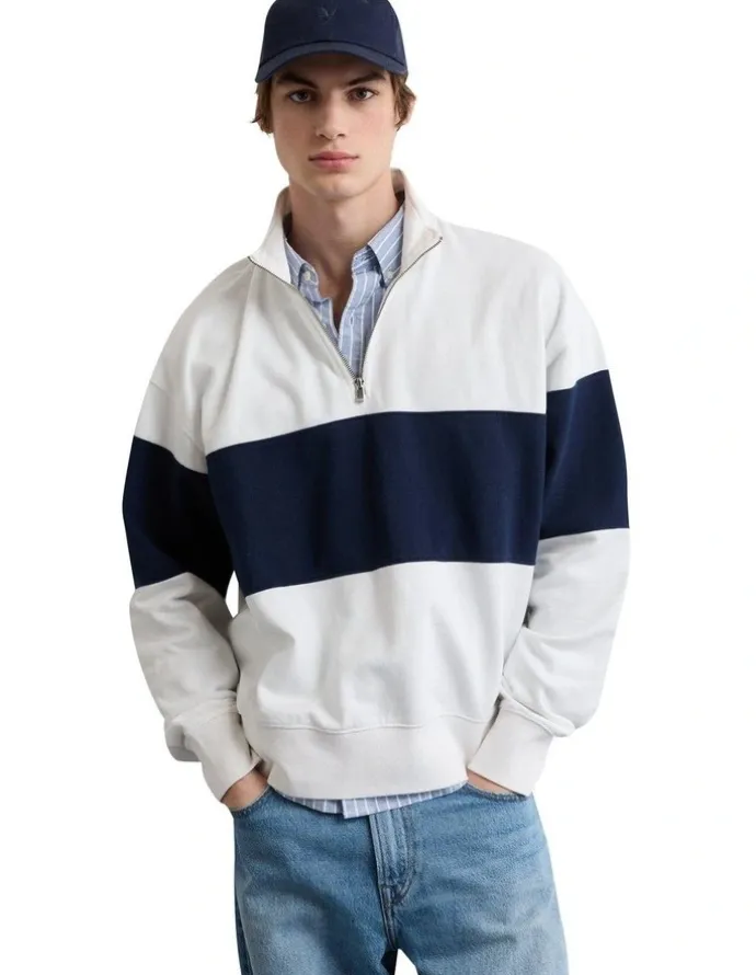 American Eagle Colorblock Quarter-Zip Sweatshirt in White