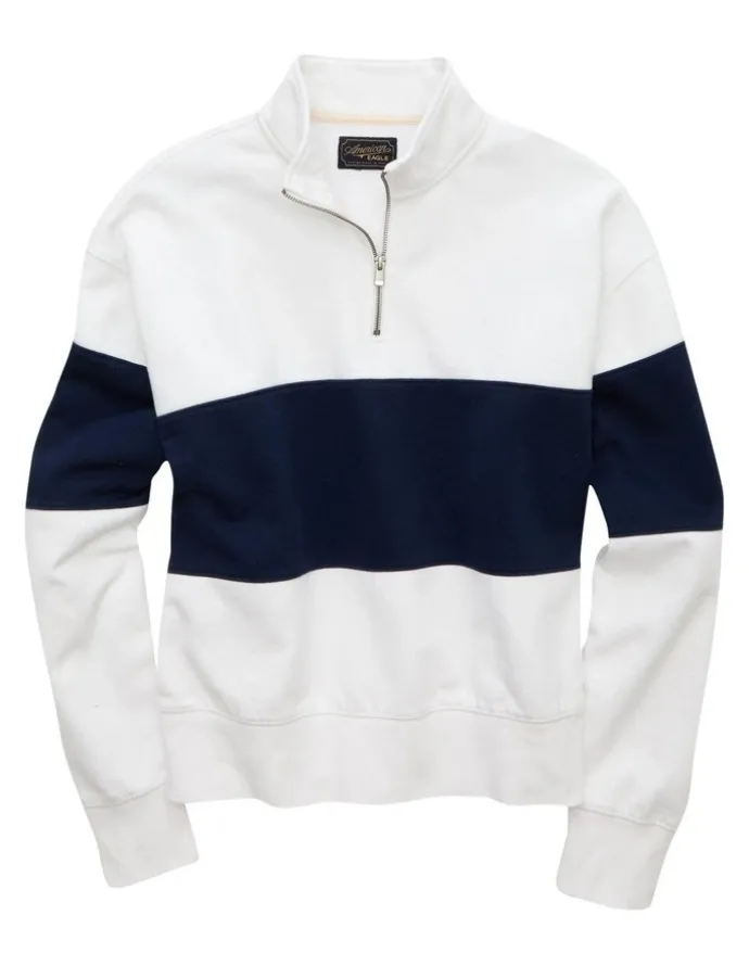 American Eagle Colorblock Quarter-Zip Sweatshirt in White