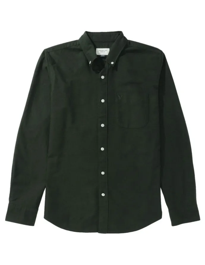 American Eagle Everyday Slim Oxford Button-Up Shirt in Deep Forest Green