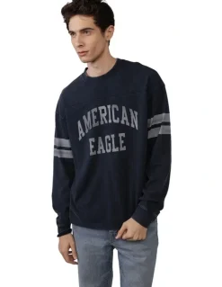 American Eagle Long Sleeve Graphic Football T-shirt in Navy