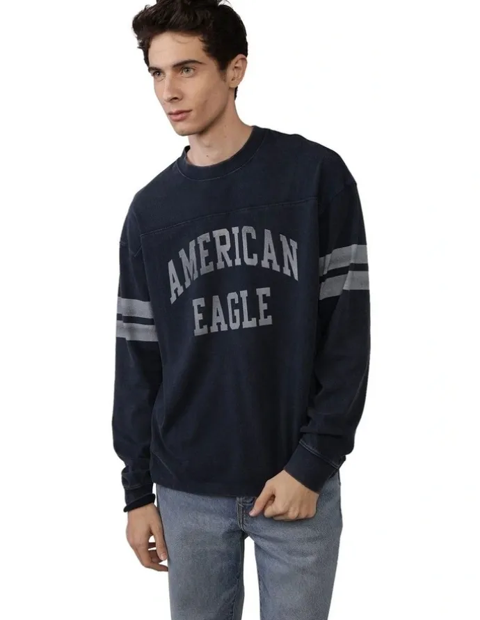 American Eagle Long Sleeve Graphic Football T-shirt in Navy