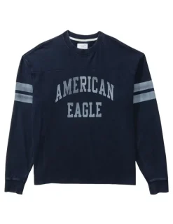 American Eagle Long Sleeve Graphic Football T-shirt in Navy