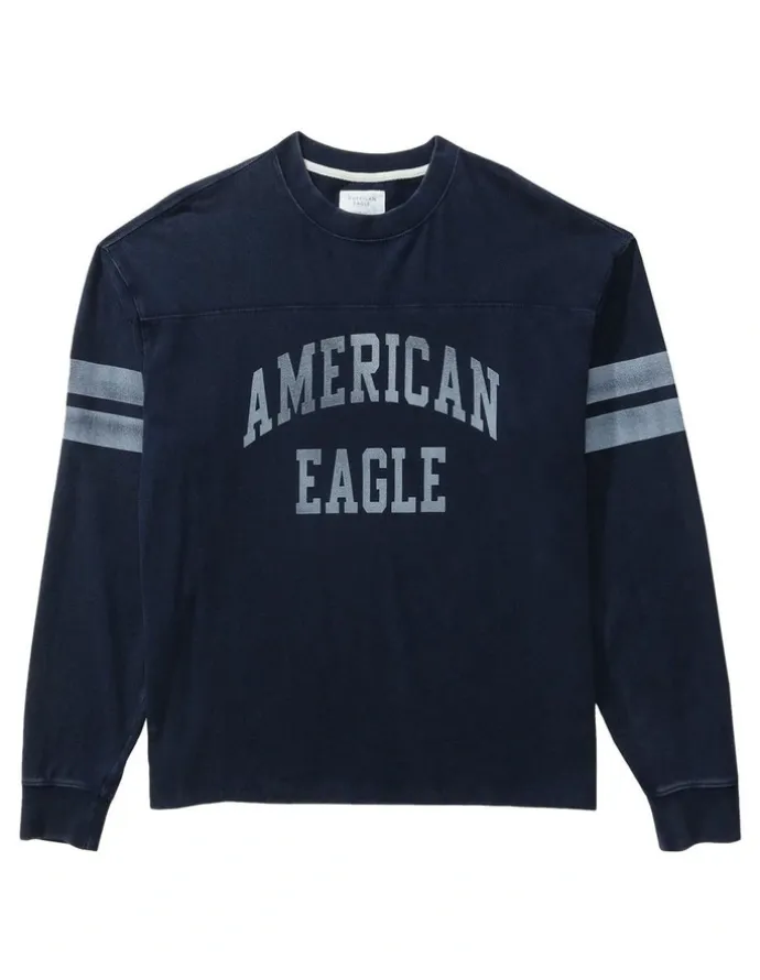 American Eagle Long Sleeve Graphic Football T-shirt in Navy