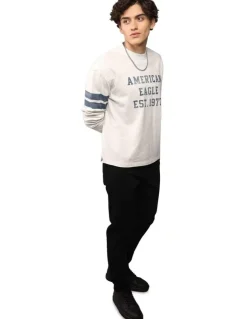 American Eagle Long Sleeve Graphic Football T-shirt in Heather Frost
