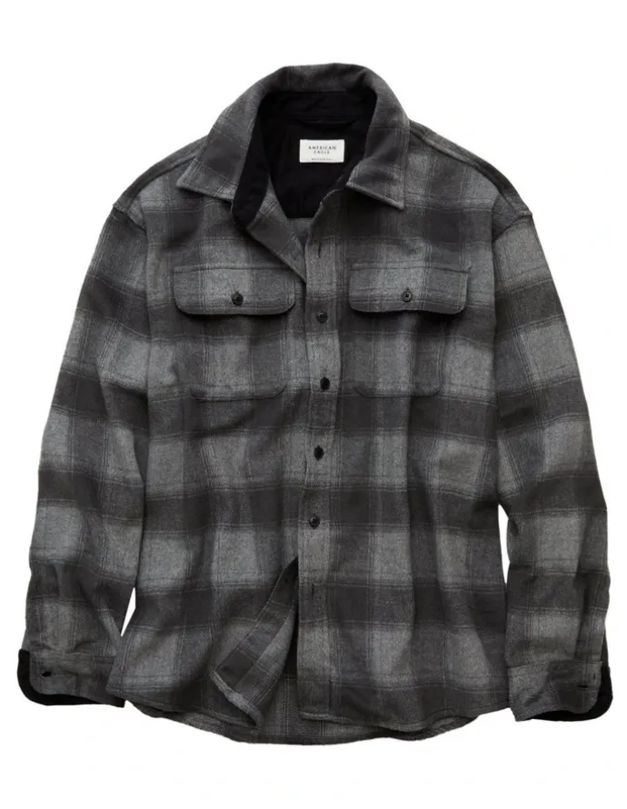 American Eagle Relaxed Heavyweight Flannel Shirt in Grey