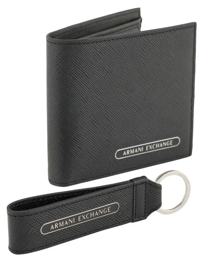 Armani Exchange Barcelona Wallet and Keychain Leather Giftset in Black