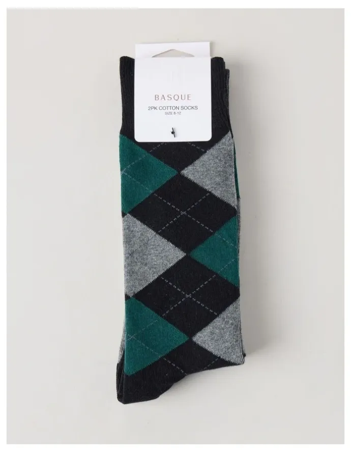 Basque 2 Pack Argyle Socks in Black & Green