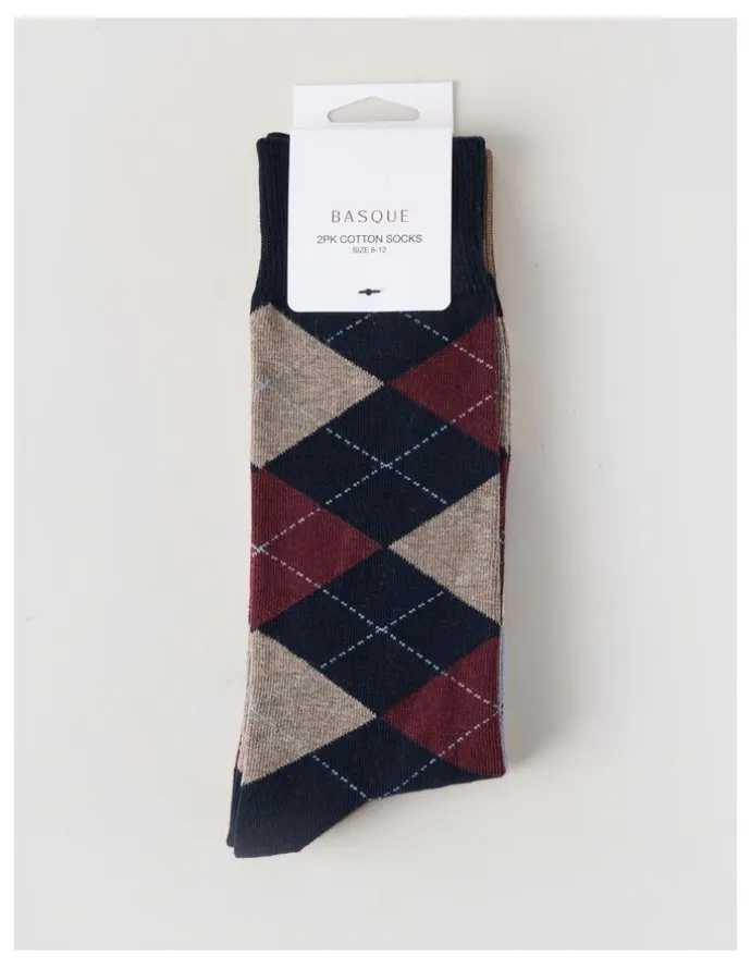 Basque 2 Pack Argyle Socks in Navy & Burnt Honey
