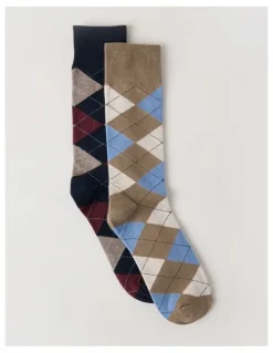 Basque 2 Pack Argyle Socks in Navy & Burnt Honey
