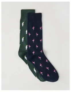 Basque 2 Pack Birds Socks in Navy & Shadow Green
