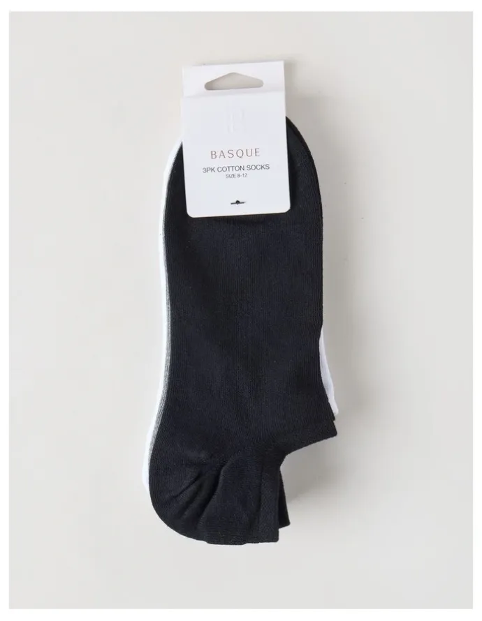 Basque 3 Pack Lowcut Liner Socks in Black, Grey, & White