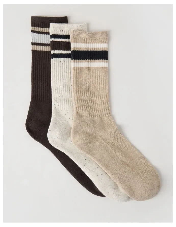 Basque 3 Pack Sports Crew Socks in Oat & Pumice Stripe