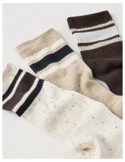 Basque 3 Pack Sports Crew Socks in Oat & Pumice Stripe