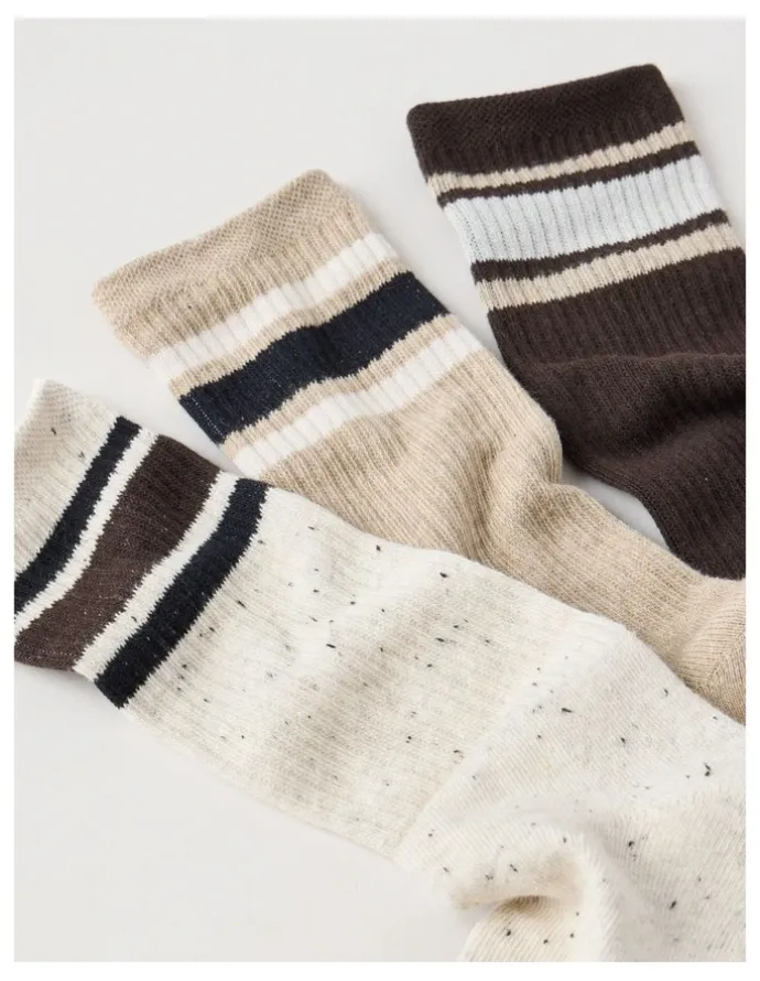 Basque 3 Pack Sports Crew Socks in Oat & Pumice Stripe
