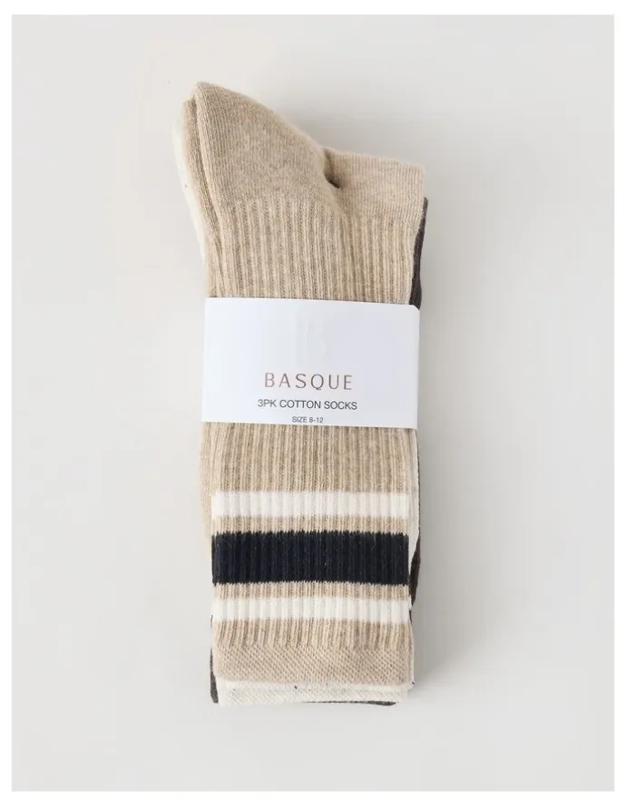 Basque 3 Pack Sports Crew Socks in Oat & Pumice Stripe