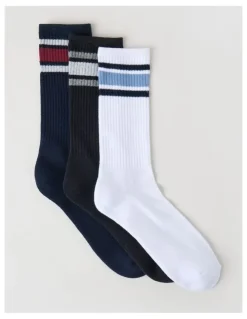 Basque 3 Pack Sports Crew Socks in Multi Stripe