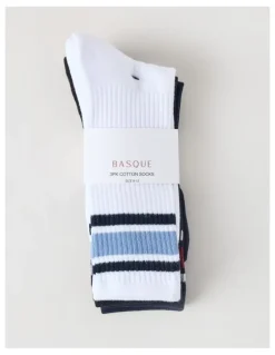 Basque 3 Pack Sports Crew Socks in Multi Stripe
