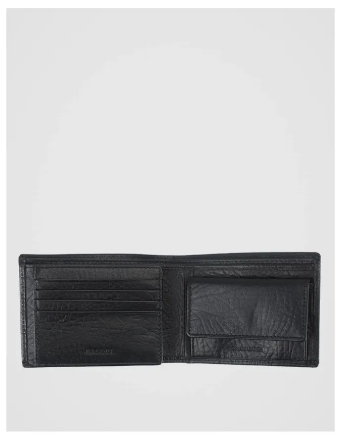 Basque Bifold Flip Pebbled Leather Wallet With Coin Purse Black Wallet Black
