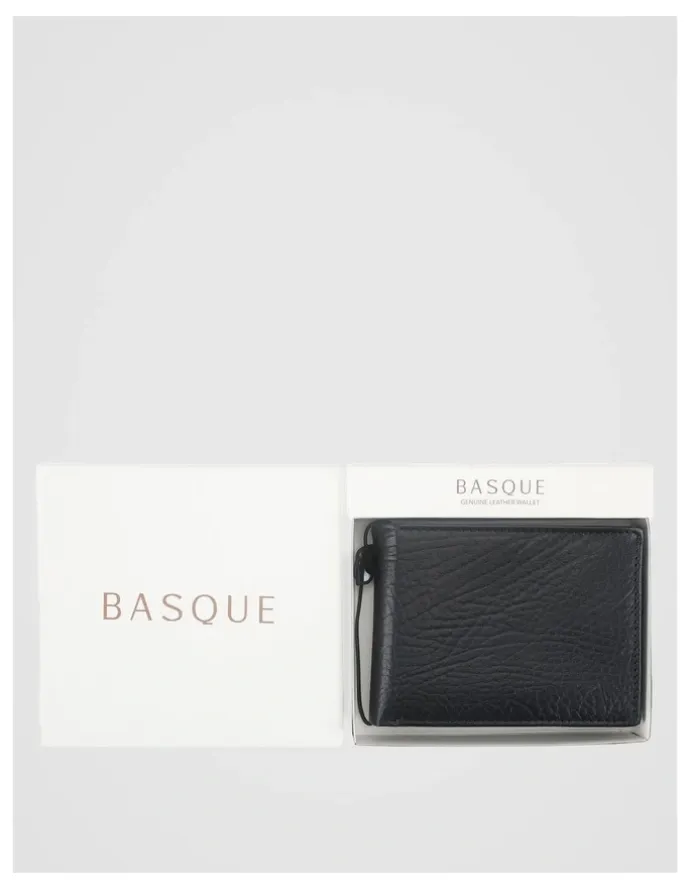 Basque Bifold Flip Pebbled Leather Wallet With Coin Purse Black Wallet Black