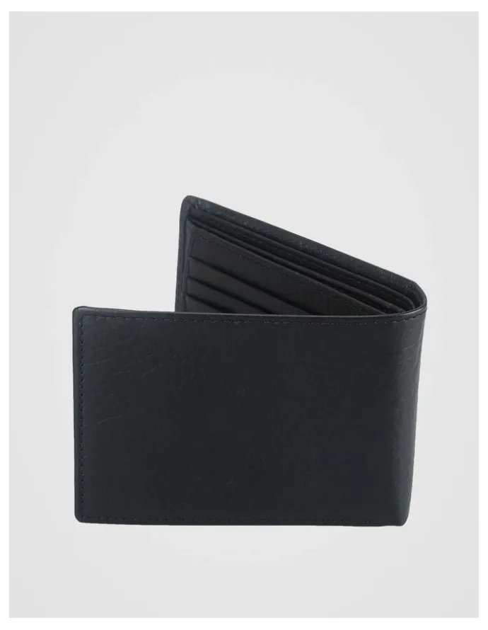 Basque Bifold Flip Pebbled Leather Wallet With Coin Purse Black Wallet Black