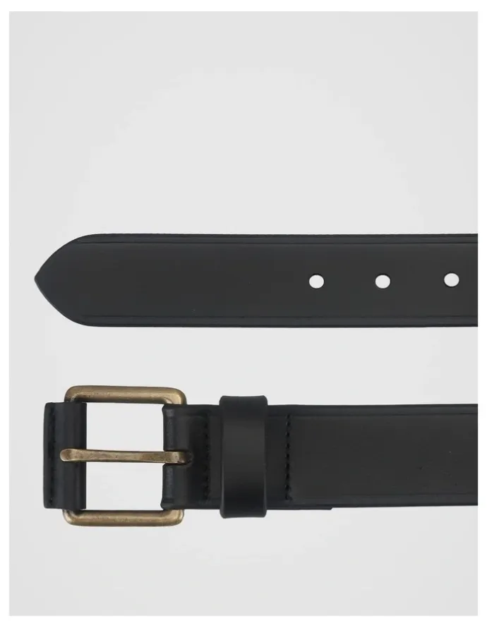 Basque Smart Casual Leather Belt With Roller Buckle Black/Brass Belt Black/Brass