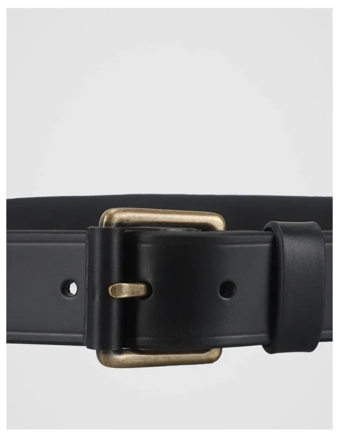 Basque Smart Casual Leather Belt With Roller Buckle Black/Brass Belt Black/Brass