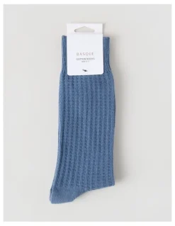 Basque Waffle Cotton Socks in Blue Shadow