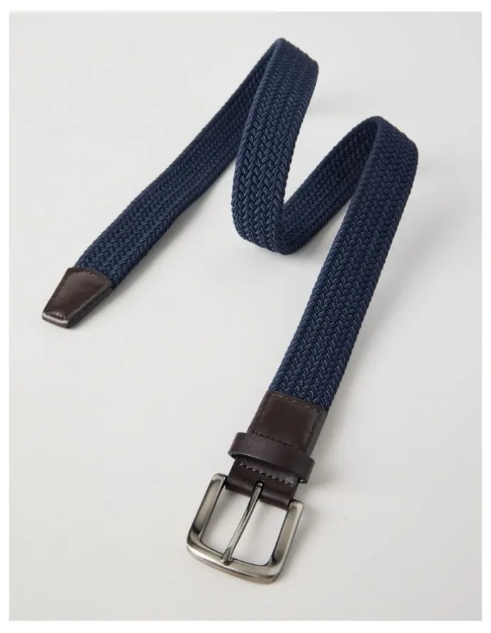 Basque Woven Casual Belt Navy With Brown Leather Trim Belt Navy