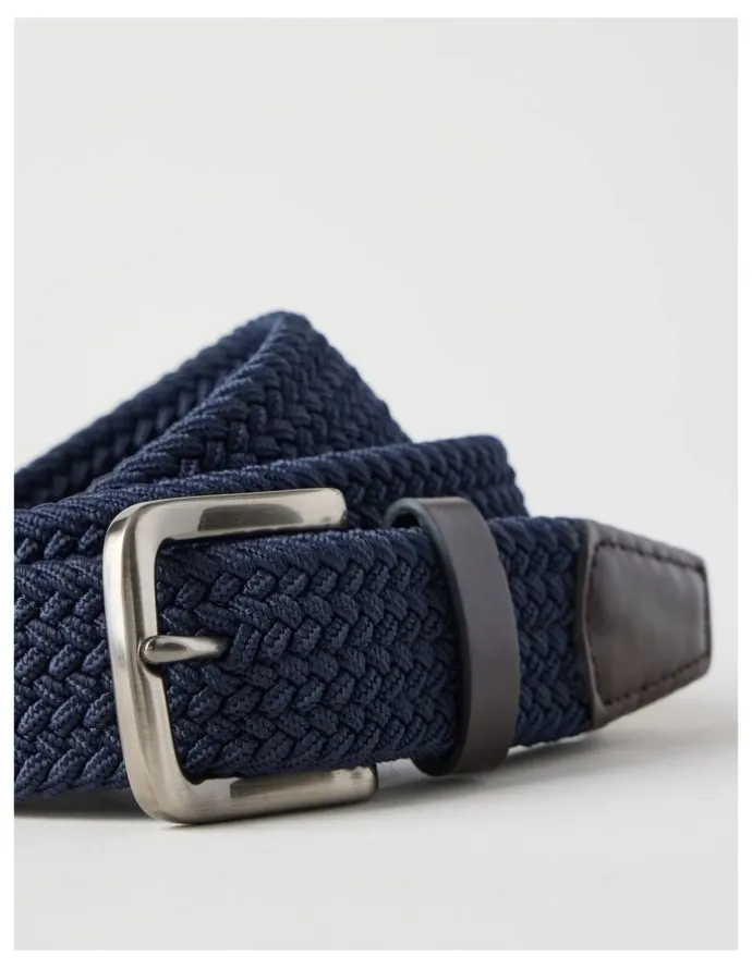 Basque Woven Casual Belt Navy With Brown Leather Trim Belt Navy