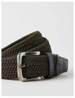 Basque Woven Casual Belt Olive With Brown Leather Trim Belt Olive