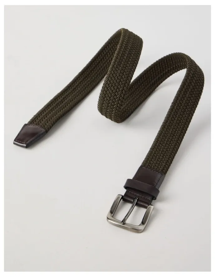 Basque Woven Casual Belt Olive With Brown Leather Trim Belt Olive