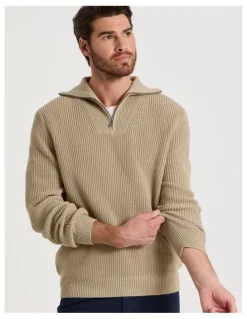 Basque Chunky Quarter Zip Knit Sweater in Sand