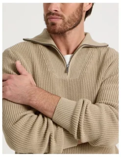 Basque Chunky Quarter Zip Knit Sweater in Sand
