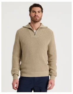 Basque Chunky Quarter Zip Knit Sweater in Sand