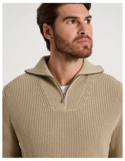 Basque Chunky Quarter Zip Knit Sweater in Sand