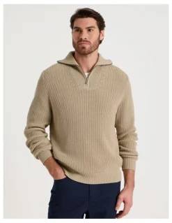 Basque Chunky Quarter Zip Knit Sweater in Sand