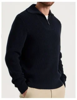 Basque Chunky Quarter Zip Knit Sweater in Navy