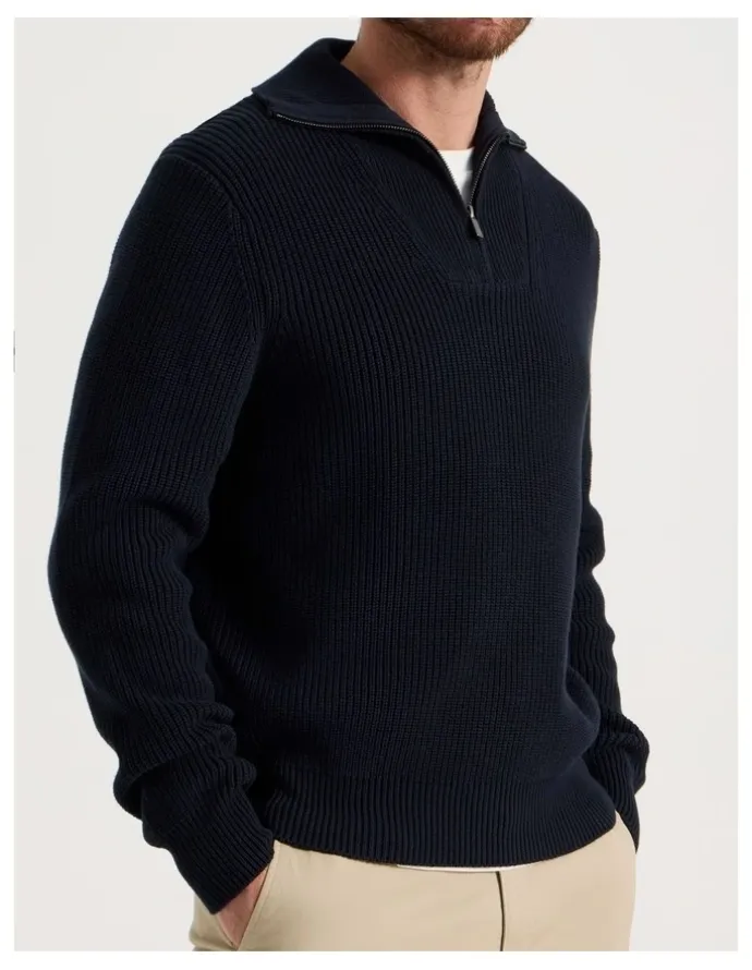 Basque Chunky Quarter Zip Knit Sweater in Navy