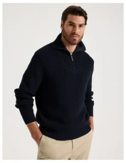 Basque Chunky Quarter Zip Knit Sweater in Navy