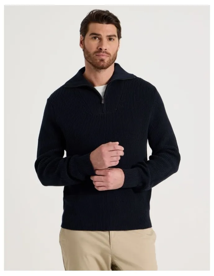 Basque Chunky Quarter Zip Knit Sweater in Navy