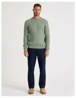 Basque Crew Neck Cable Knit Sweater in Light Green