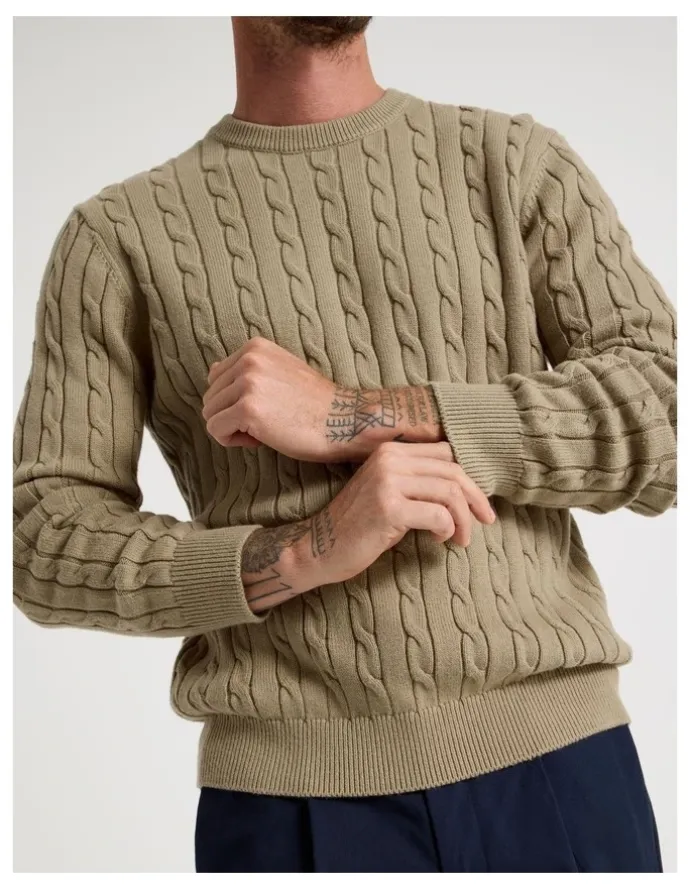 Basque Crew Neck Cable Knit Sweater in Sand