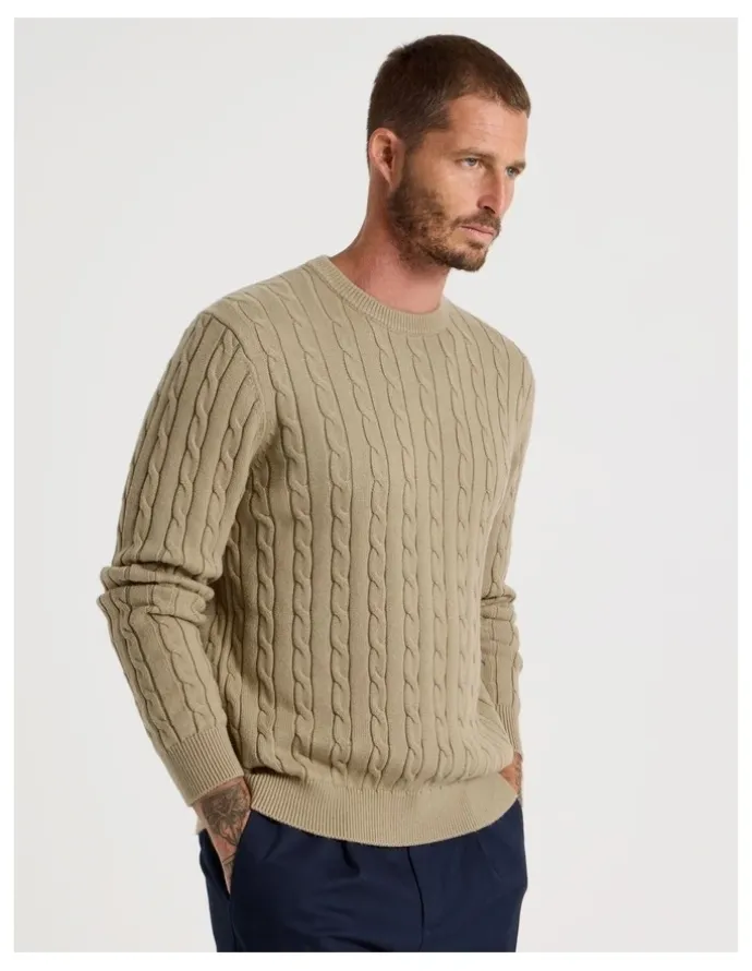 Basque Crew Neck Cable Knit Sweater in Sand