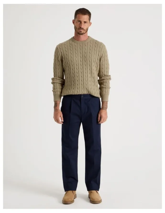 Basque Crew Neck Cable Knit Sweater in Sand
