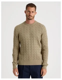Basque Crew Neck Cable Knit Sweater in Sand