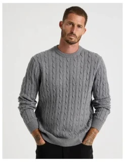 Basque Crew Neck Cable Knit Sweater in Grey Marle