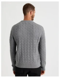 Basque Crew Neck Cable Knit Sweater in Grey Marle