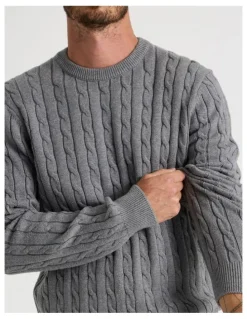Basque Crew Neck Cable Knit Sweater in Grey Marle