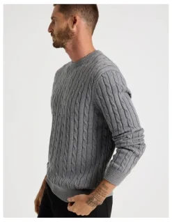 Basque Crew Neck Cable Knit Sweater in Grey Marle